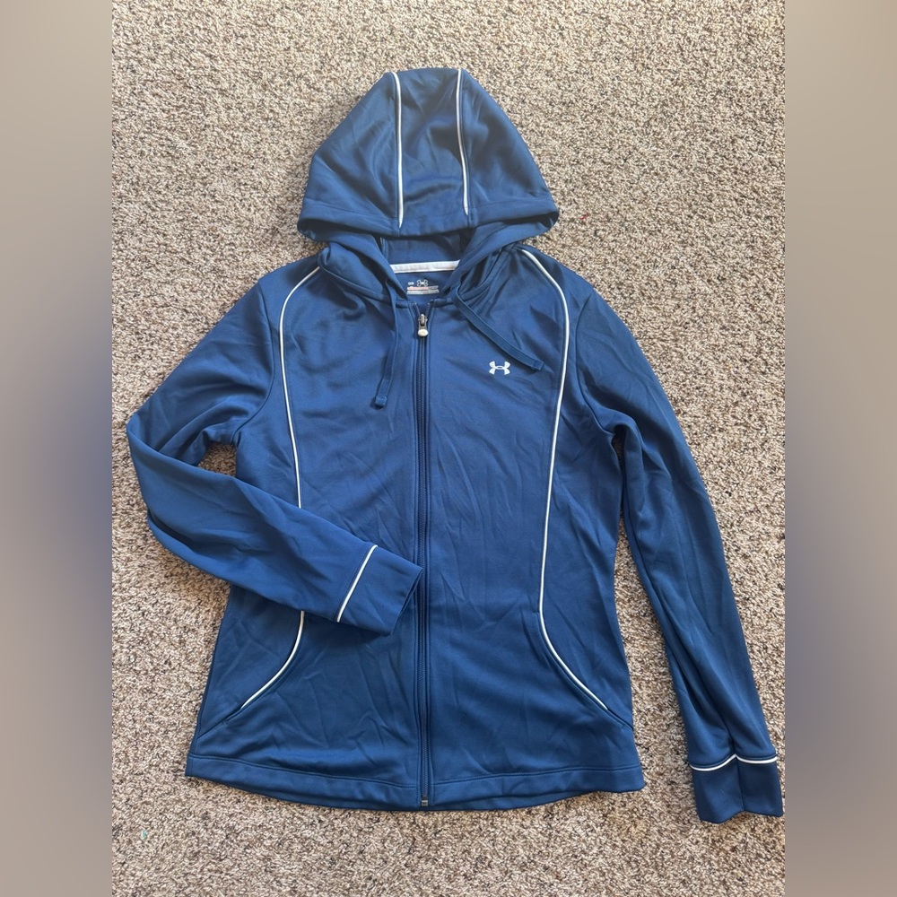 Under Armour Women's Navy Blue Zip-Up Hooded Jacket with White Piping